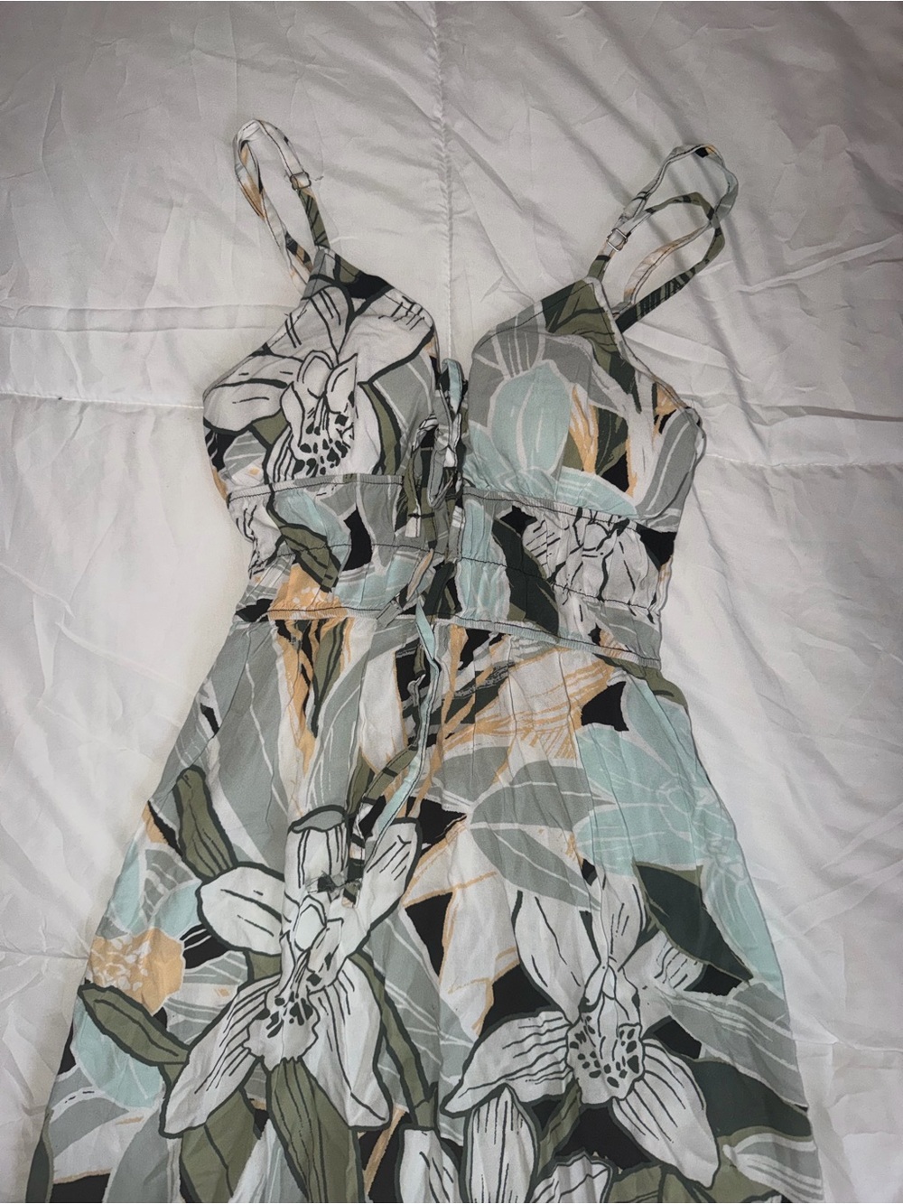 Floral Print Spaghetti Strap Dress in Sage and Cream